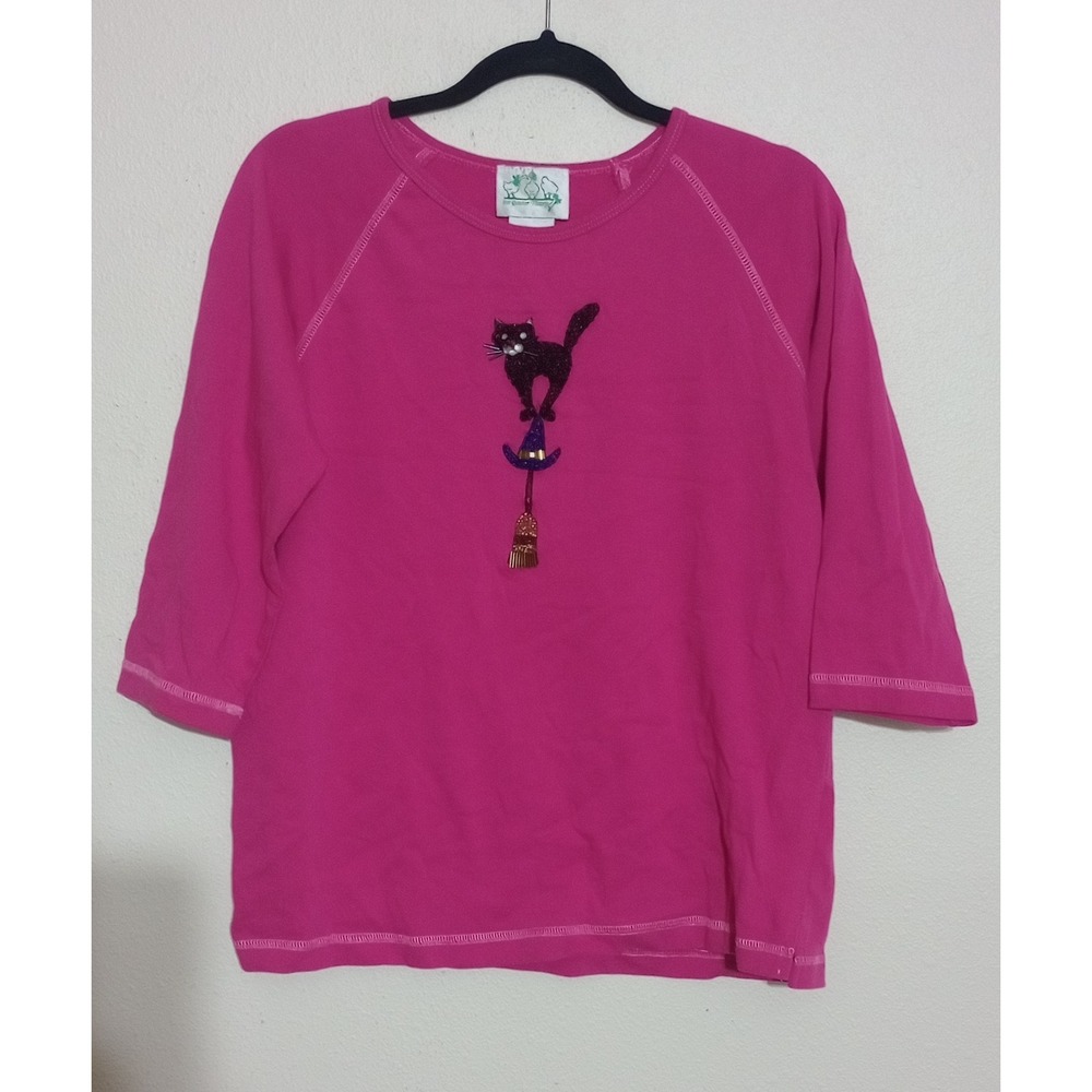 Quacker Factory Pink Halloween Black Cat Witch Hat Beaded Top A58151 Medium